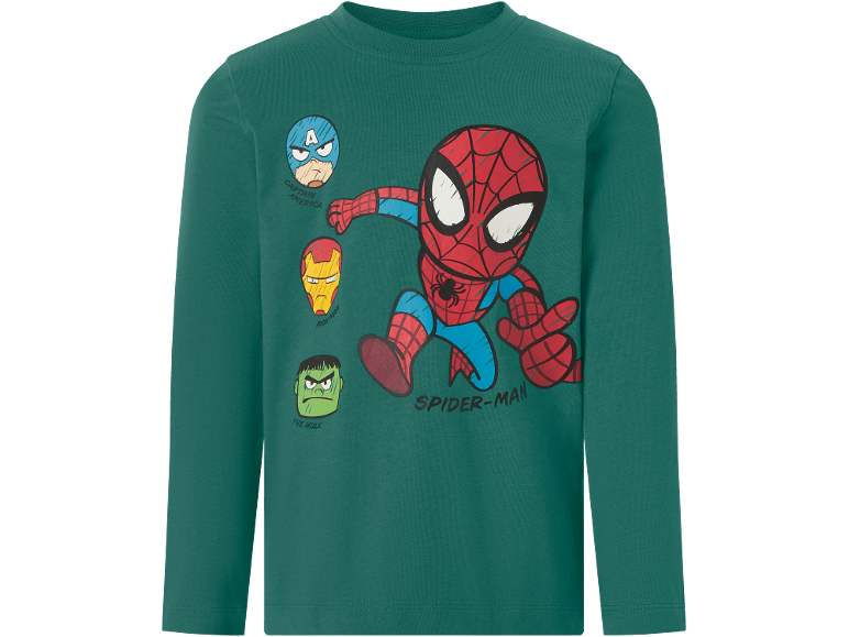 Zelena dječja majica dugih rukava s motivom Spider-Mana i drugih superheroja.