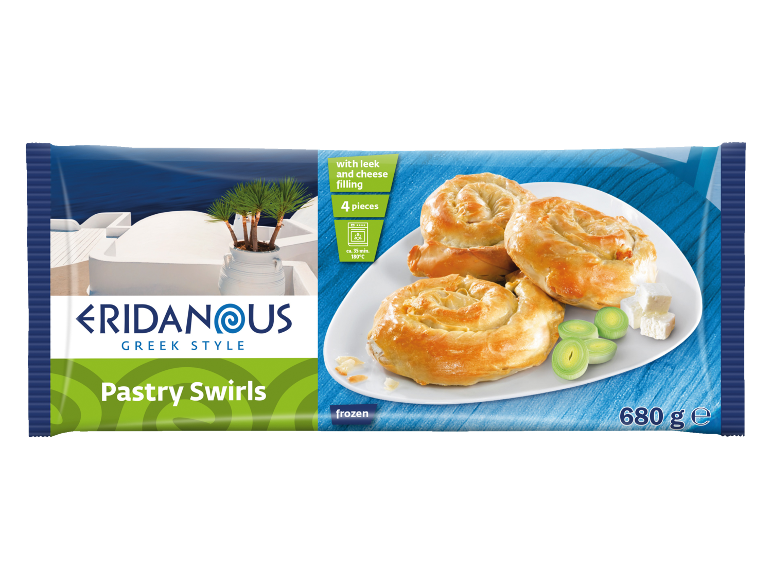 Pakiranje grčkih lisnatih spirala s nadjevom od poriluka i sira, 4 komada, 680g.