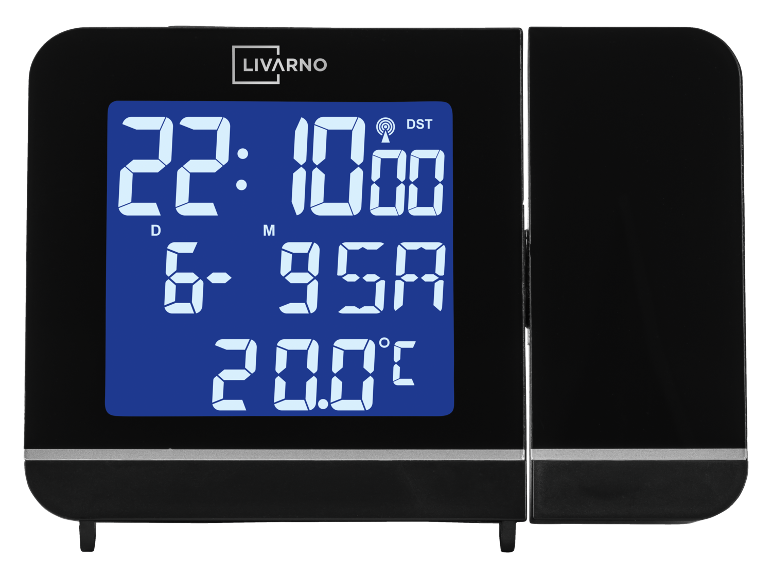 Crni digitalni sat s plavim zaslonom koji prikazuje vrijeme, datum i temperaturu.