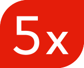 Crvena značka s bijelim tekstom „5x“.