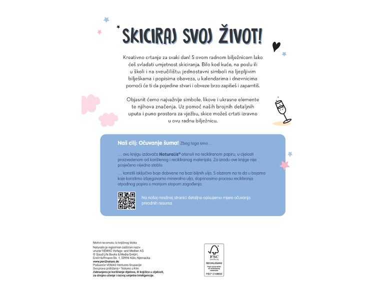 Stranica knjige s naslovom 'SKICIRAJ SVOJ ŽIVOT!' i informacijama o recikliranom papiru.