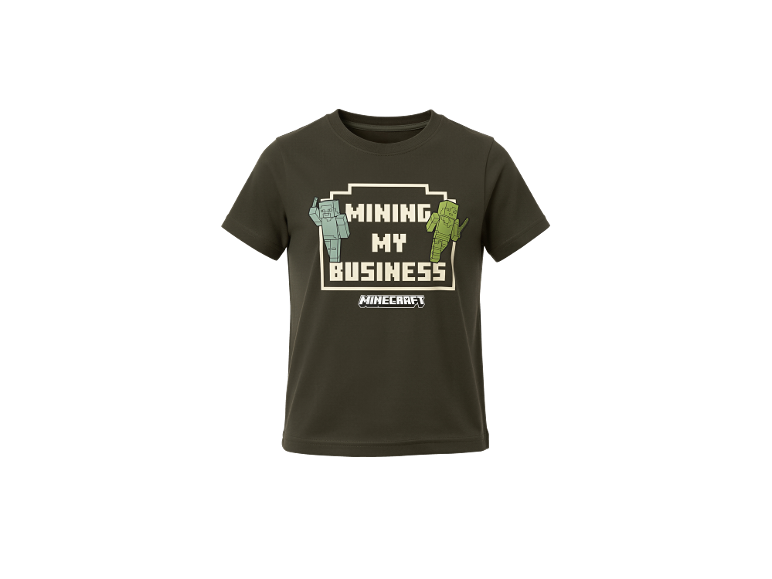 Zelena dječja majica s likovima iz videoigre i tekstom „MINING MY BUSINESS“.