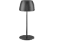 Crna stolna lampa s polukružnim sjenilom i okruglim postoljem.
