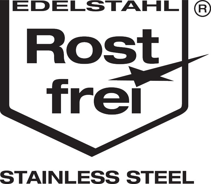 Pečat 'EDELSTAHL Rost frei' (nehrđajući čelik) s tekstom 'STAINLESS STEEL' ispod.