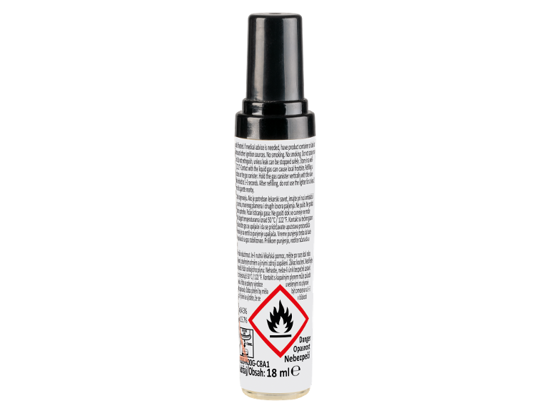 Punjenje plina za upaljače sa sigurnosnim upozorenjima i volumenom od 18 ml.