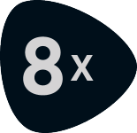 Crna značka sa sivim tekstom „8x“.