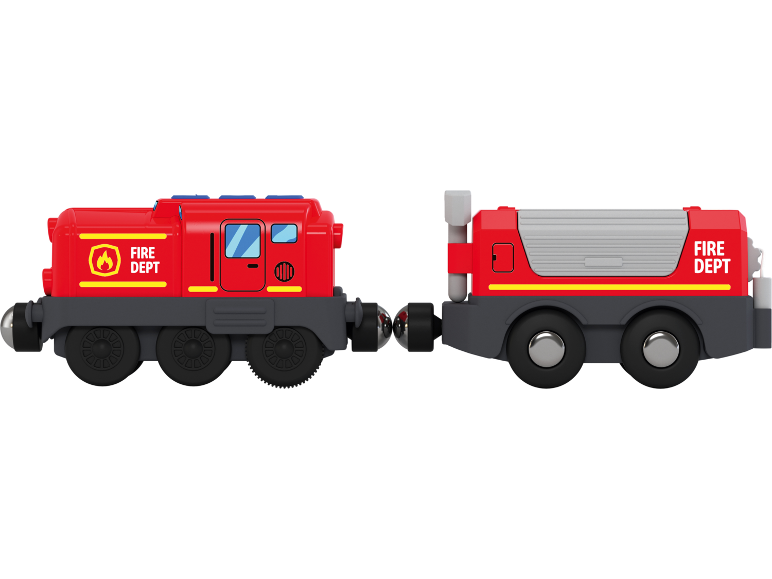 Crveni vatrogasni vlak s dva vagona i natpisom „FIRE DEPT“.