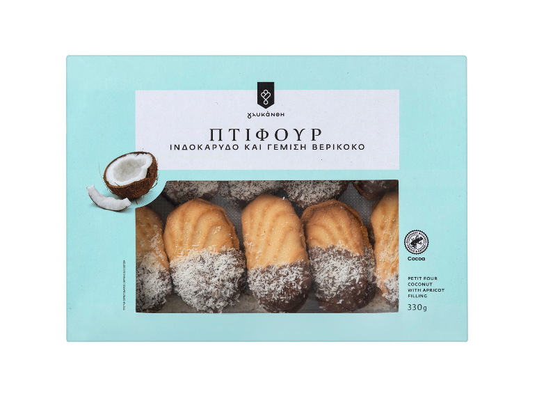 Kutija kokosovih petit four kolačića s punjenjem od marelice, djelomično umočenih u čokoladu.