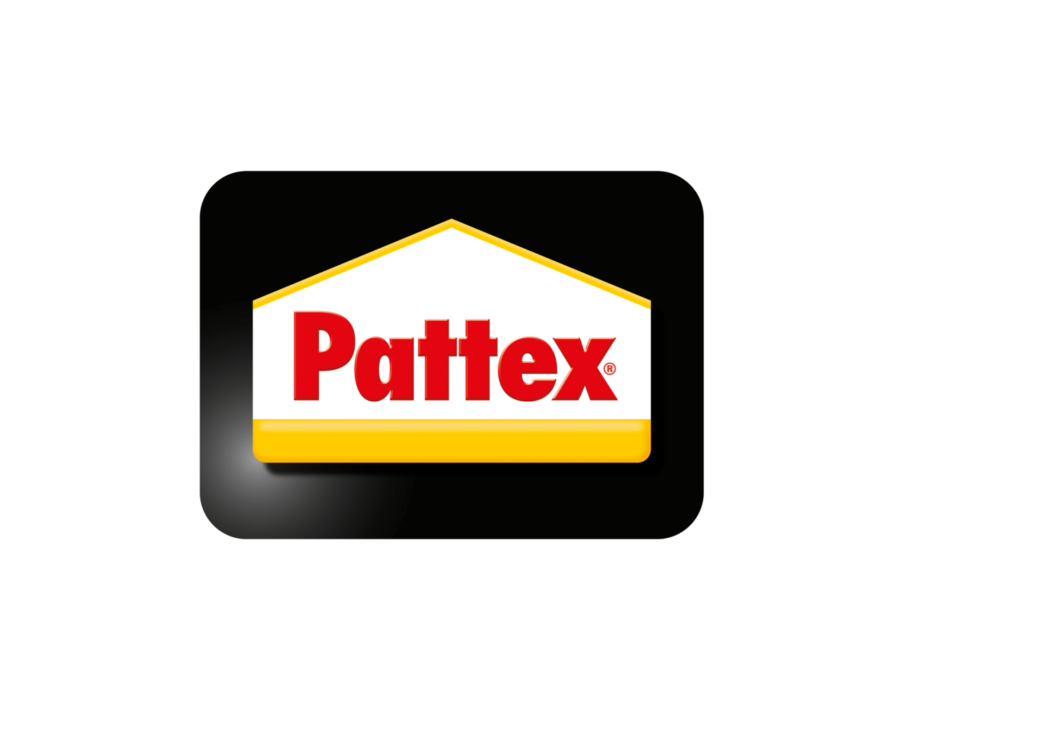 Logotip u obliku kuće s crvenom riječi „Pattex“ na bijeloj i žutoj pozadini.