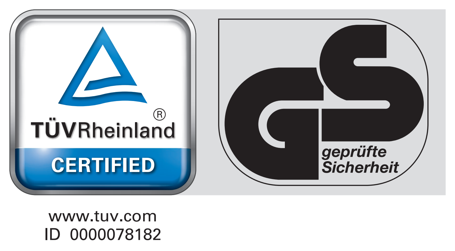 TÜV Rheinland i GS geprüfte Sicherheit certifikat, ID 0000078182.