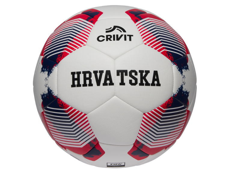 Bijela nogometna lopta s crvenim i plavim detaljima, s natpisom „HRVATSKA“ crnom bojom.