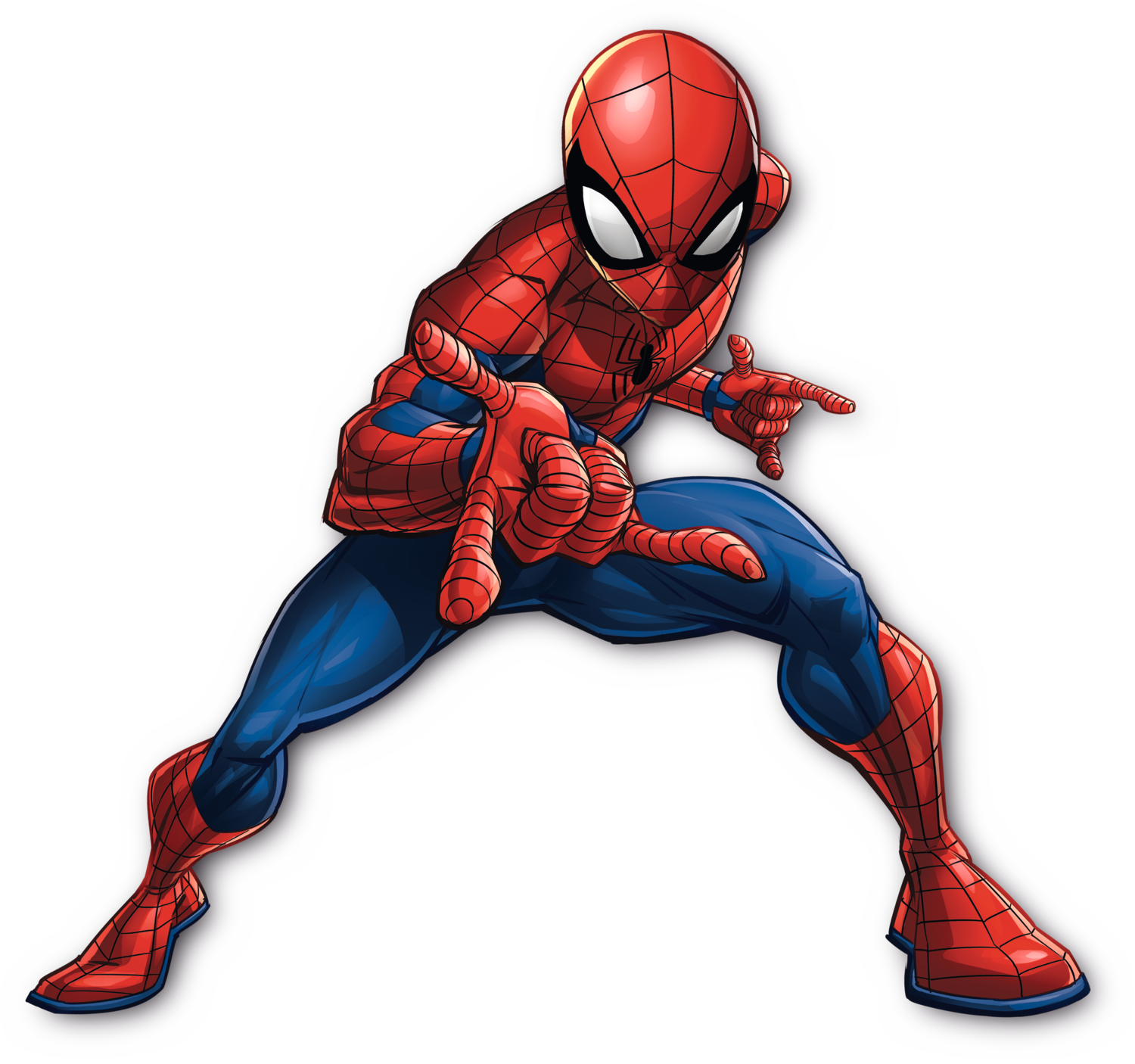 Spider-Man u crveno-plavom odijelu, čuči i pokazuje prstima.