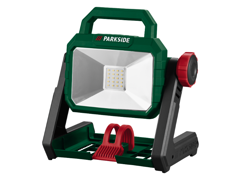 Zeleno-crno LED radno svjetlo sa stalkom i crvenom ručkom.