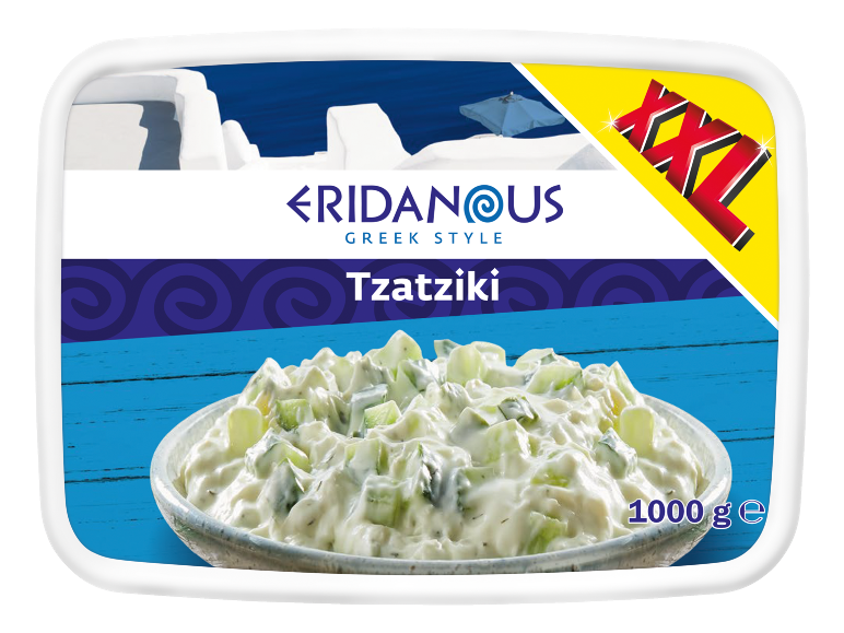 Pakiranje grčkog tzatzikija, 1000g, s oznakom XXL i mediteranskim krajolikom.