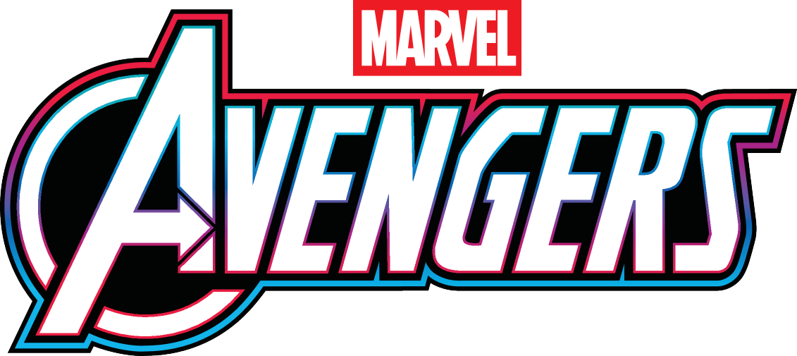 Logotip s riječju „AVENGERS“ u bijeloj boji s gradijentnim obrubom i „MARVEL“ iznad.