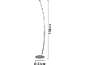 Srebrna zakrivljena LED podna svjetiljka s okruglim postoljem, visoka 148 cm i promjera 25 cm.