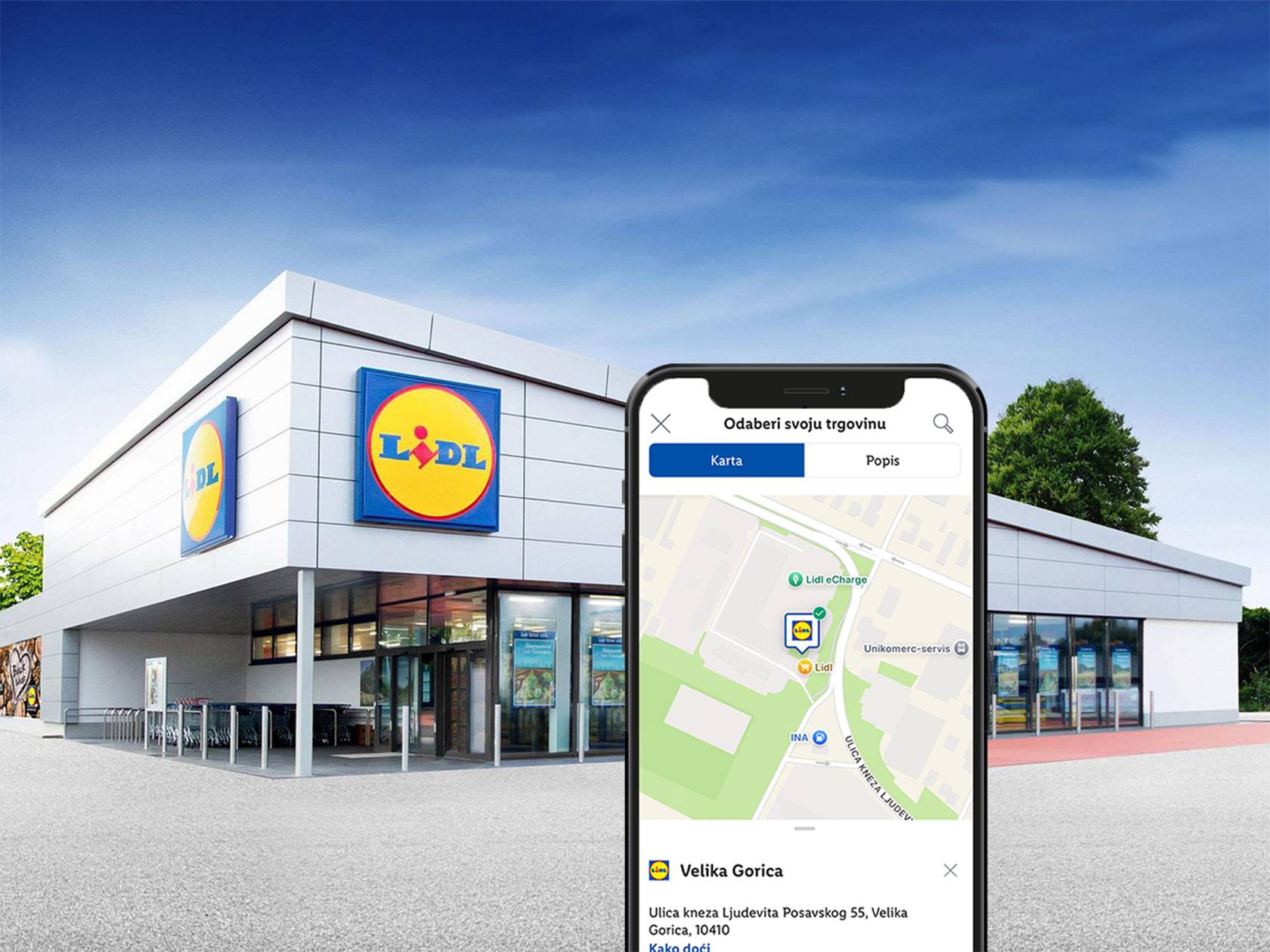 Lidl trgovina s aplikacijom za pronalaženje trgovina na pametnom telefonu.