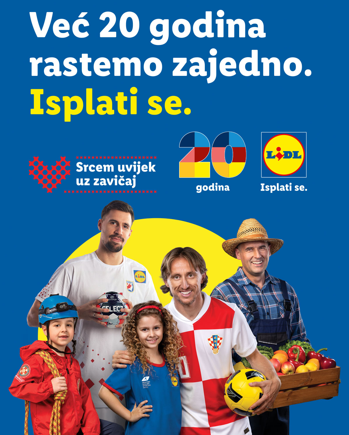 Lidl slavi 20 godina rasta s kupcima, prikazujući nogometaše, djecu i poljoprivrednika s proizvodima.