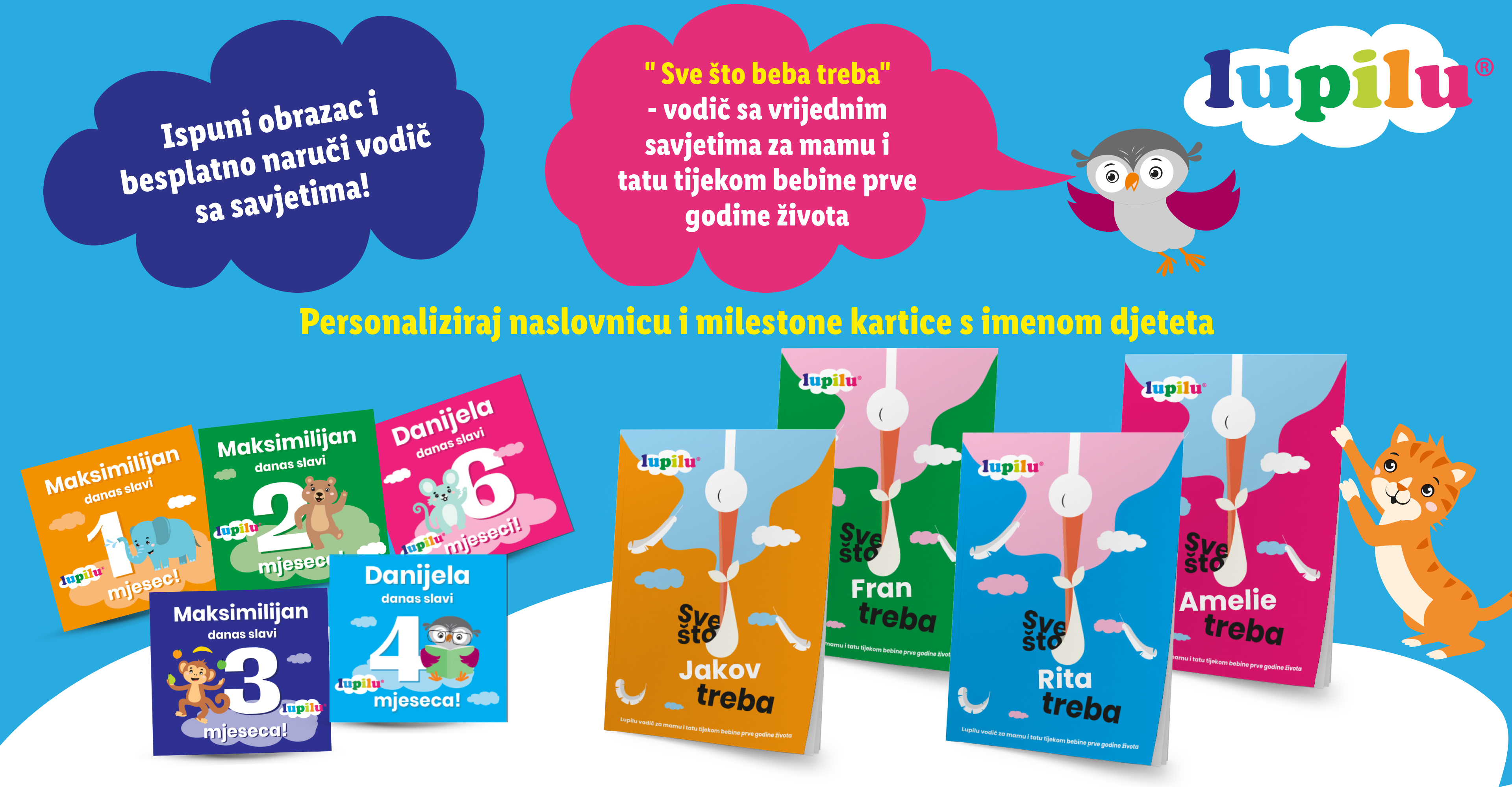 Lupilu personalizirane kartice za prekretnice i vodič za roditelje s imenima djece.