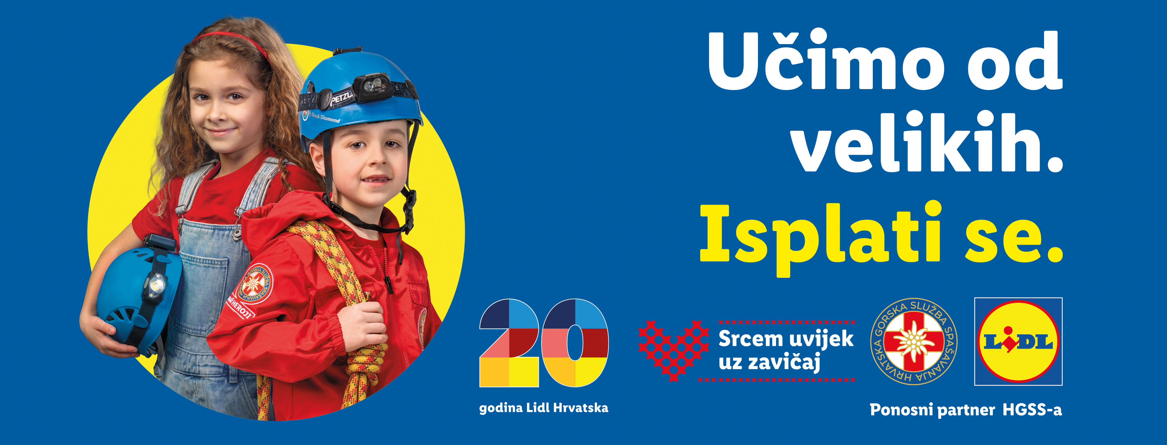 Dvoje djece u opremi za spašavanje, s tekstom 'Učimo od velikih. Isplati se.' i logotipima.