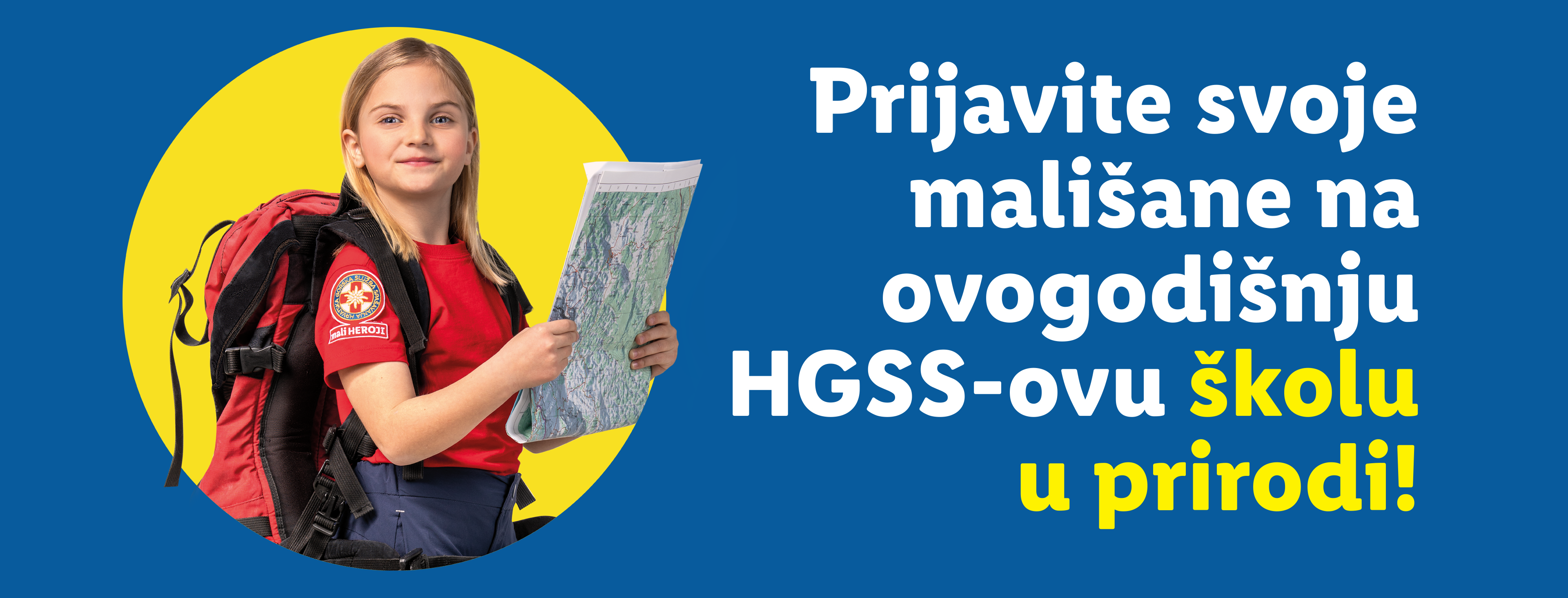 Djevojčica s ruksakom i kartom, poziva na HGSS-ovu školu u prirodi.