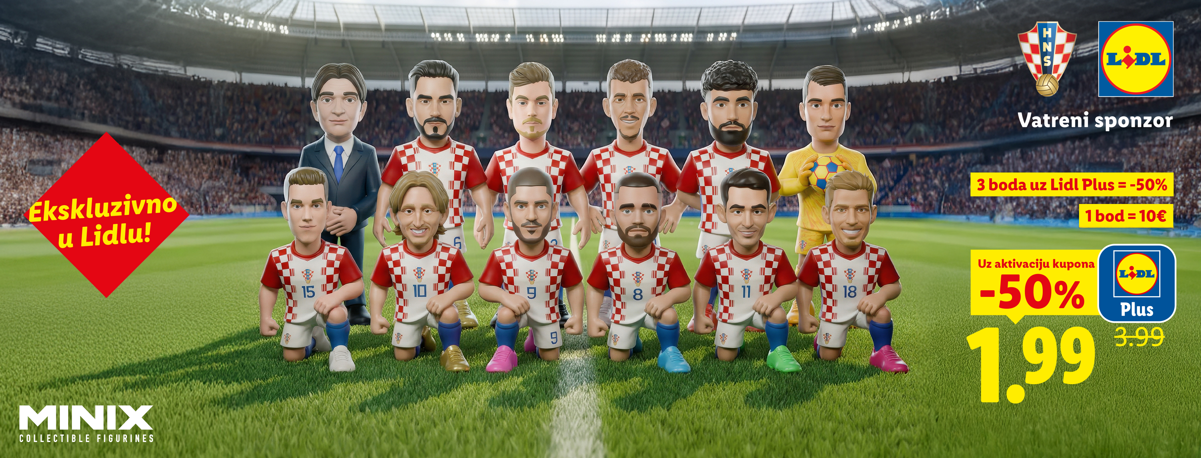 Kolekcionarske figurice hrvatskih nogometaša u dresovima, dostupne ekskluzivno u Lidlu uz popust.