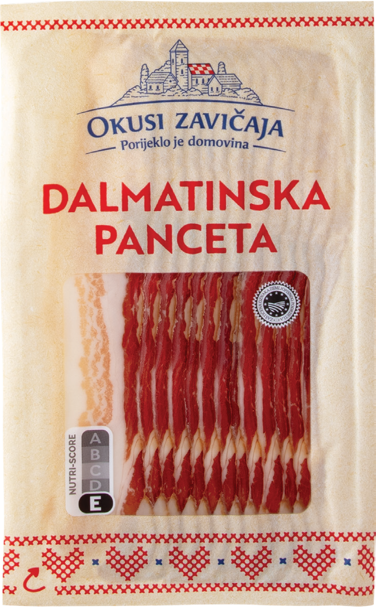 Narezana dalmatinska panceta u pakiranju s Nutri-Score oznakom E