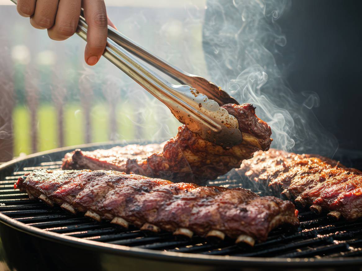 Rebarca na roštilju s dimom, okreću se hvataljkama.