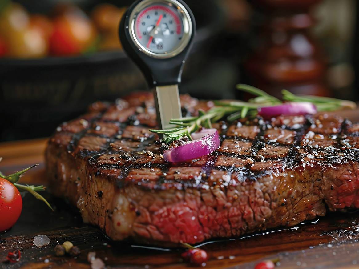 Odrezak s roštilja s termometrom za meso, ružmarinom i lukom na drvenoj dasci.