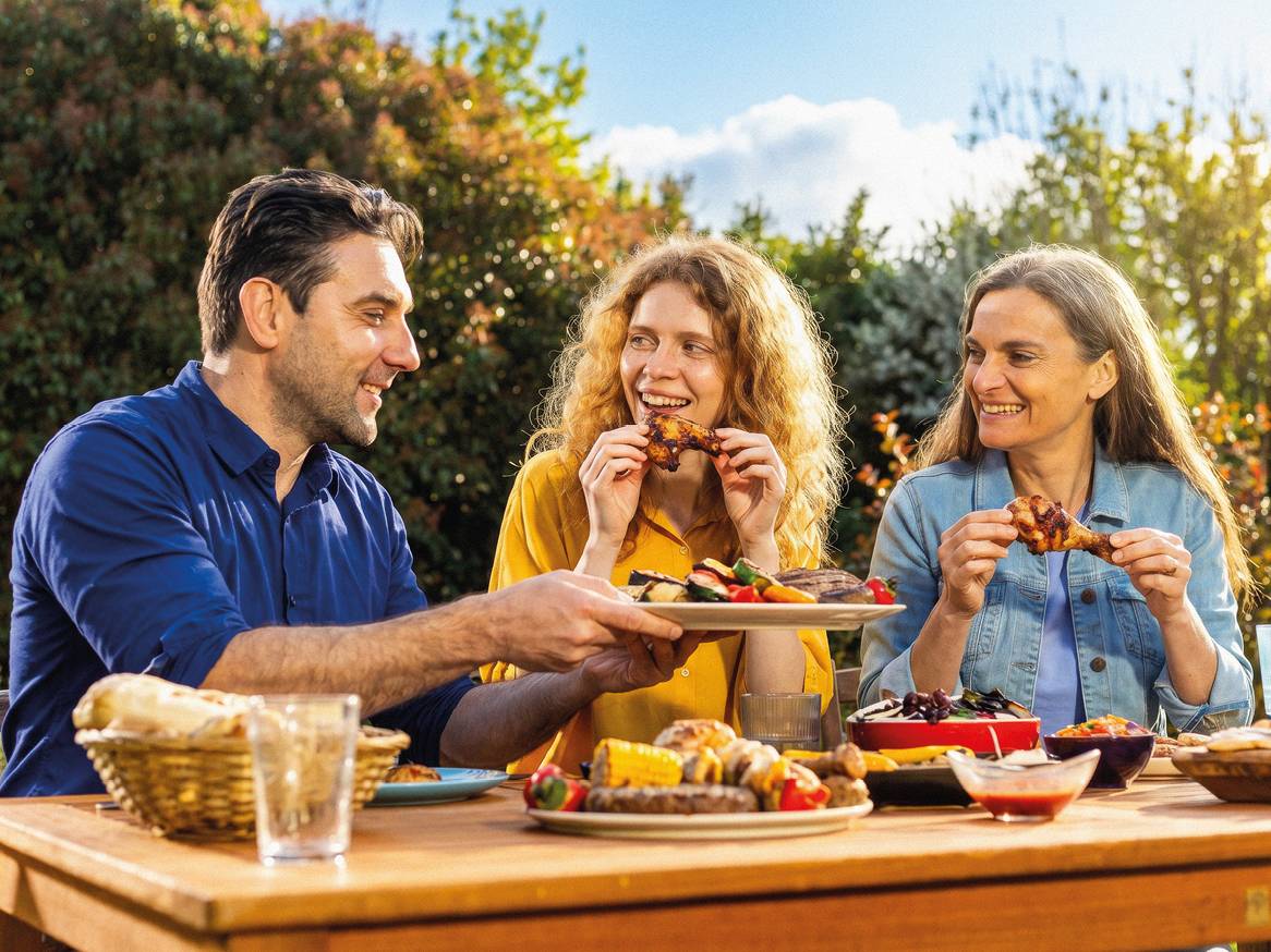 Obitelj uživa u roštilju s piletinom, povrćem i kobasicama na otvorenom.