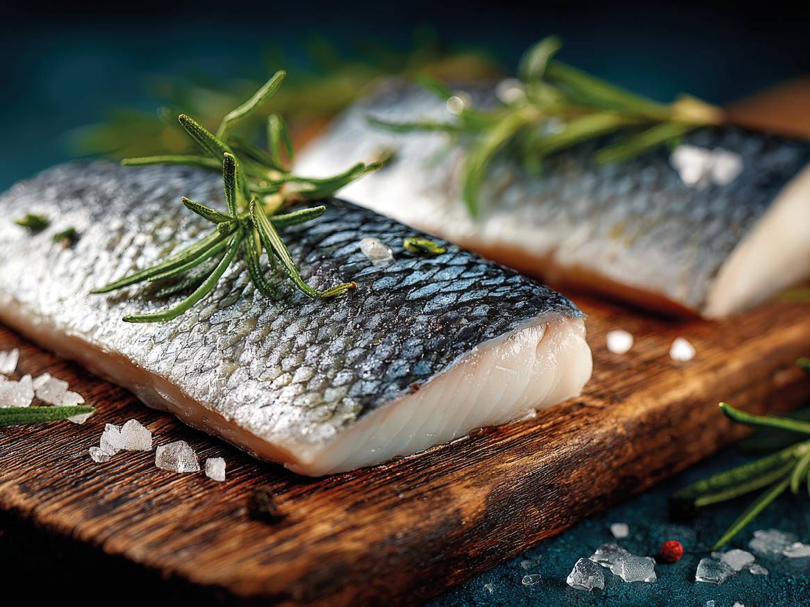 Dva fileta ribe s kožom, posuta krupnom soli i grančicama ružmarina na drvenoj dasci.