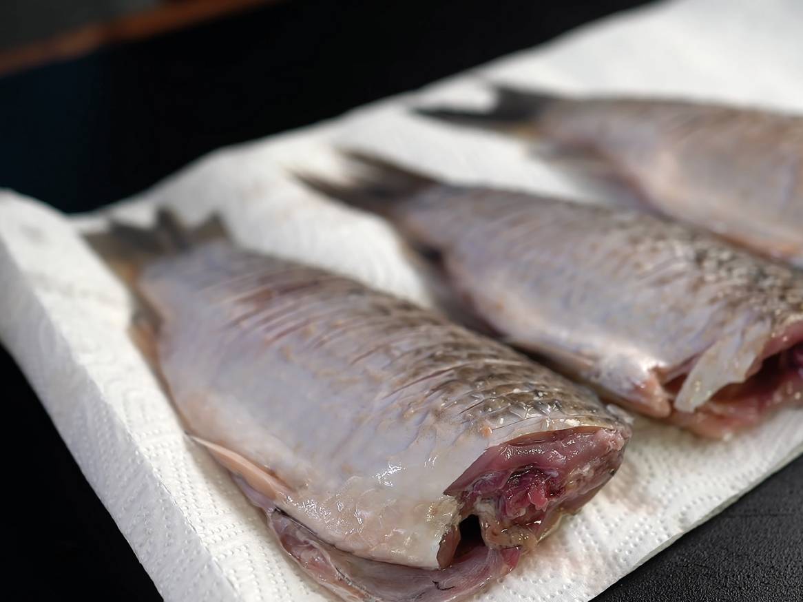 Tri očišćene ribe leže na bijelom papirnatom ručniku, spremne za kuhanje.