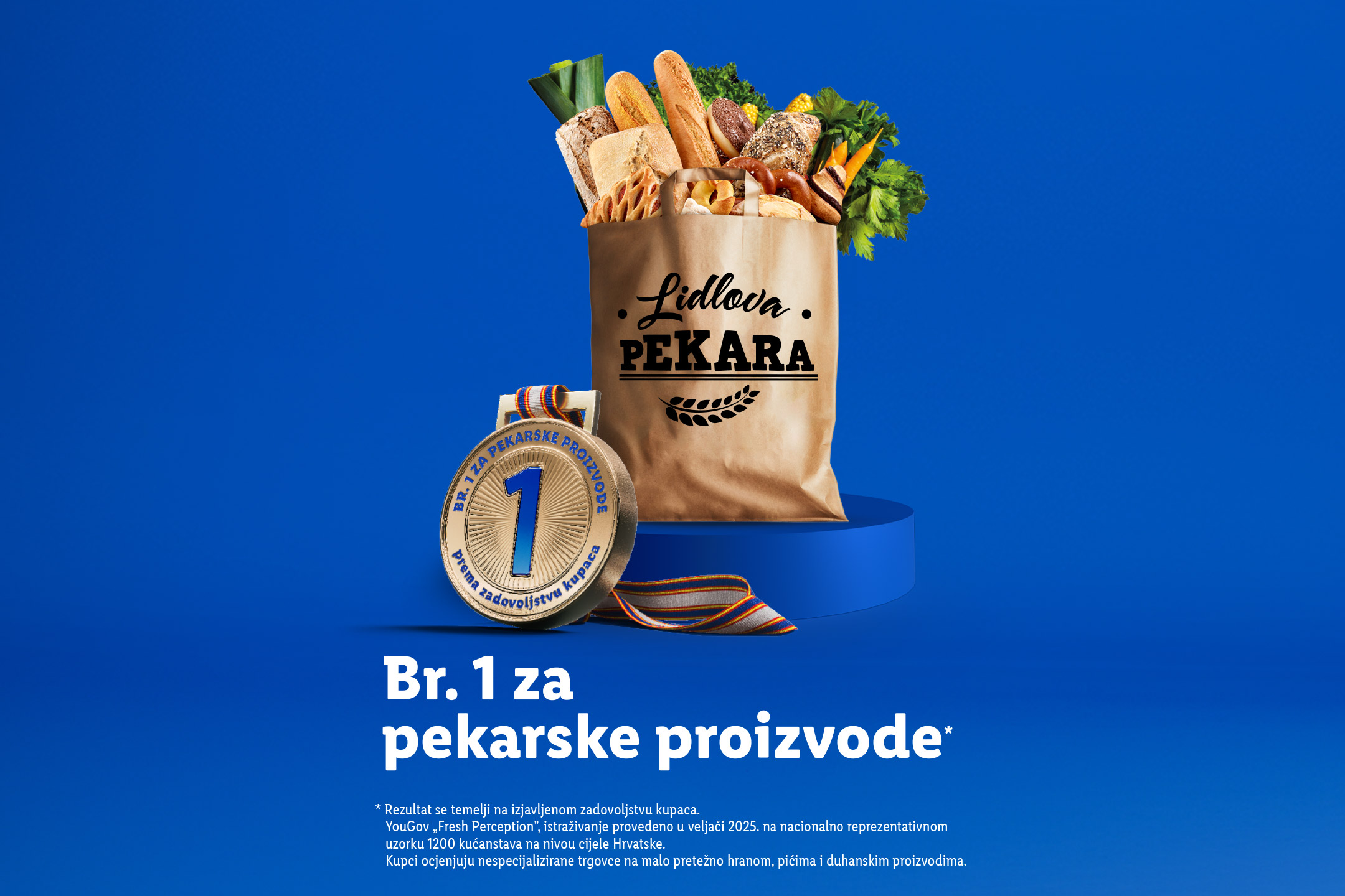 Lidlova pekara: papirnata vrećica puna kruha i peciva, s medaljom 'Br. 1 za pekarske proizvode'.