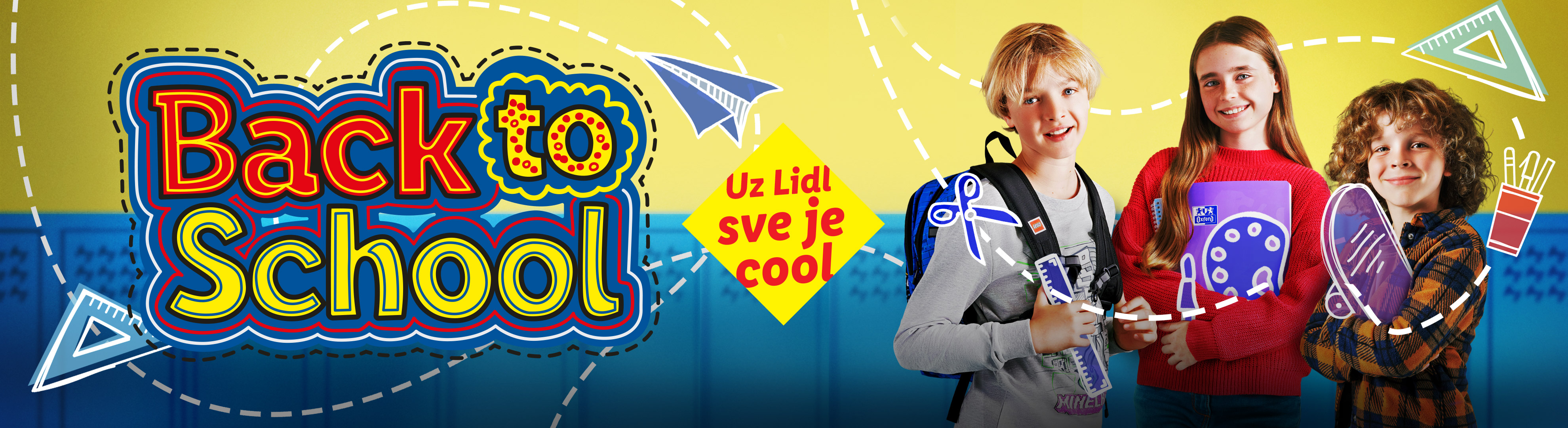 Troje djece s natpisom 'Back to School' i natpisom 'Uz Lidl sve je cool' ispred školskih ormarića.