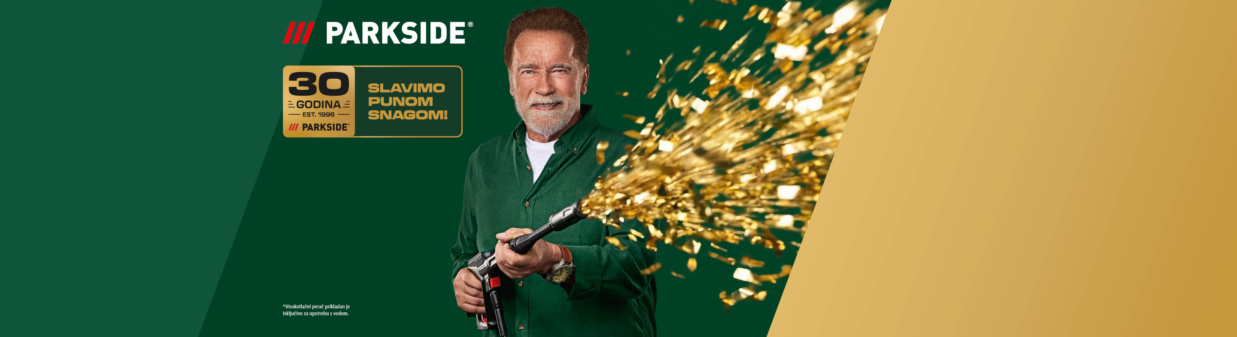 Arnold Schwarzenegger slavi 30 godina Parksidea, ispaljujući zlatne konfete iz visokotlačnog perača.