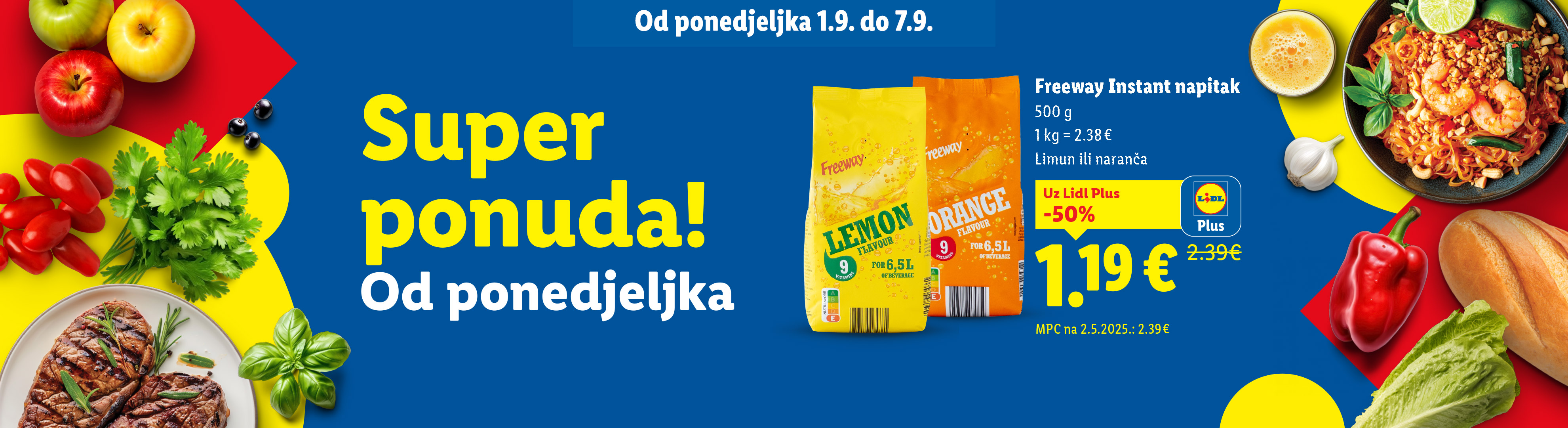 Lidl letak s ponudom pića Freeway, voća, povrća i mesa.