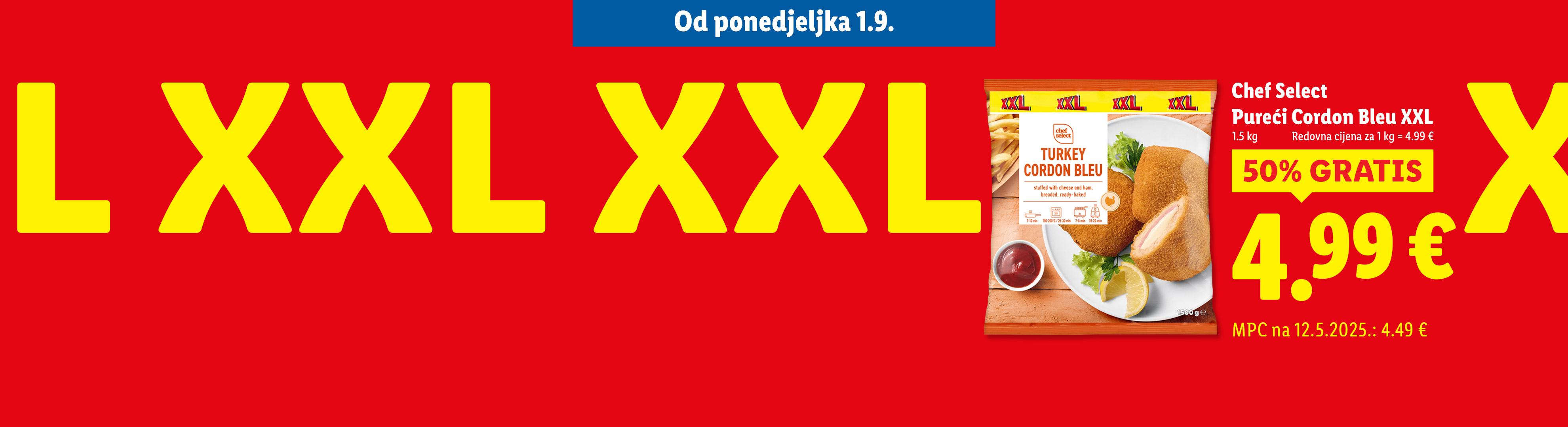 Pakiranje purećeg cordon bleua s natpisom XXL i cijenom.