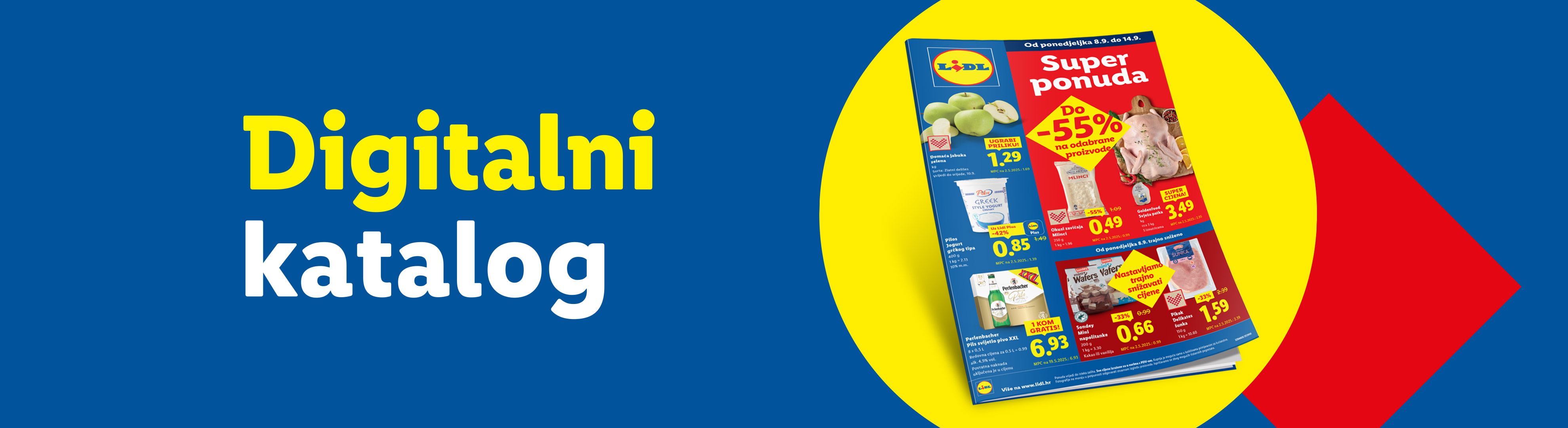 Lidl katalog s ponudom jabuka, jogurta, piletine i piva.