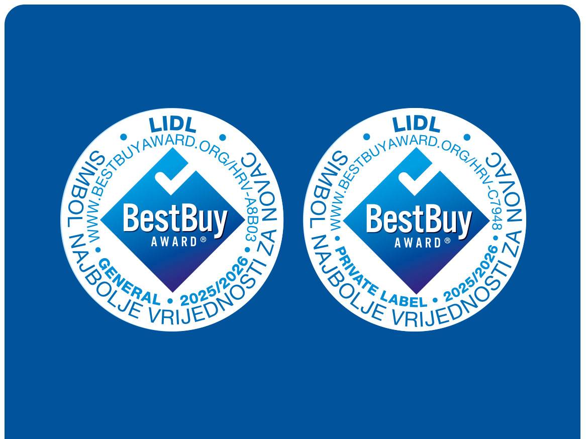Dva Best Buy Award logotipa za 2025./2026. godinu, jedan za opće proizvode, drugi za privatne robne marke.