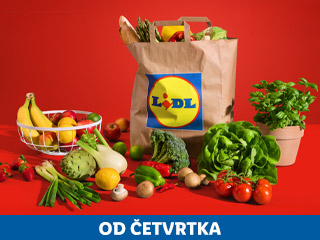 Lidl papirnata vrećica s namirnicama i svježe voće i povrće na crvenoj pozadini.