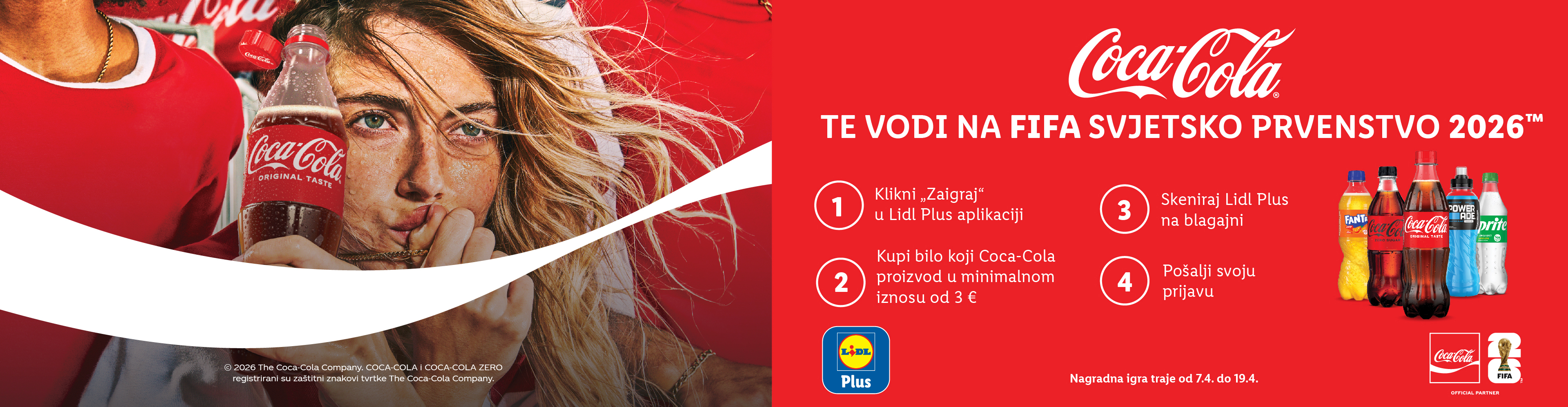 Žena drži bocu gaziranog pića, s uputama za nagradnu igru za Svjetsko prvenstvo 2026. i prikazom raznih pića.