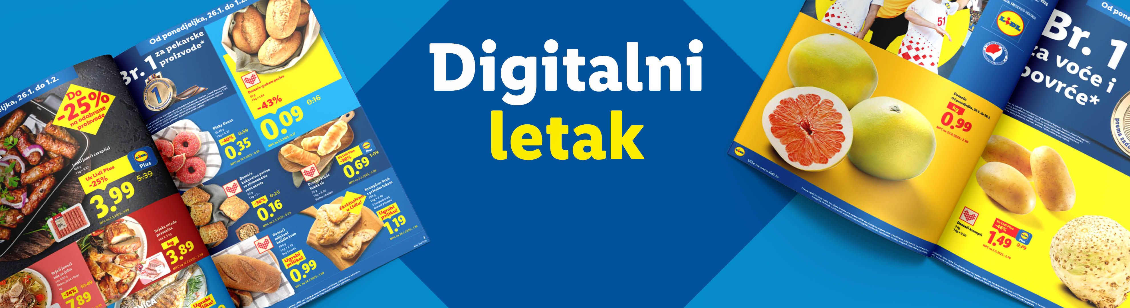 Digitalni letak s ponudama za meso, pekarske proizvode, voće i povrće, uključujući popuste i posebne cijene.