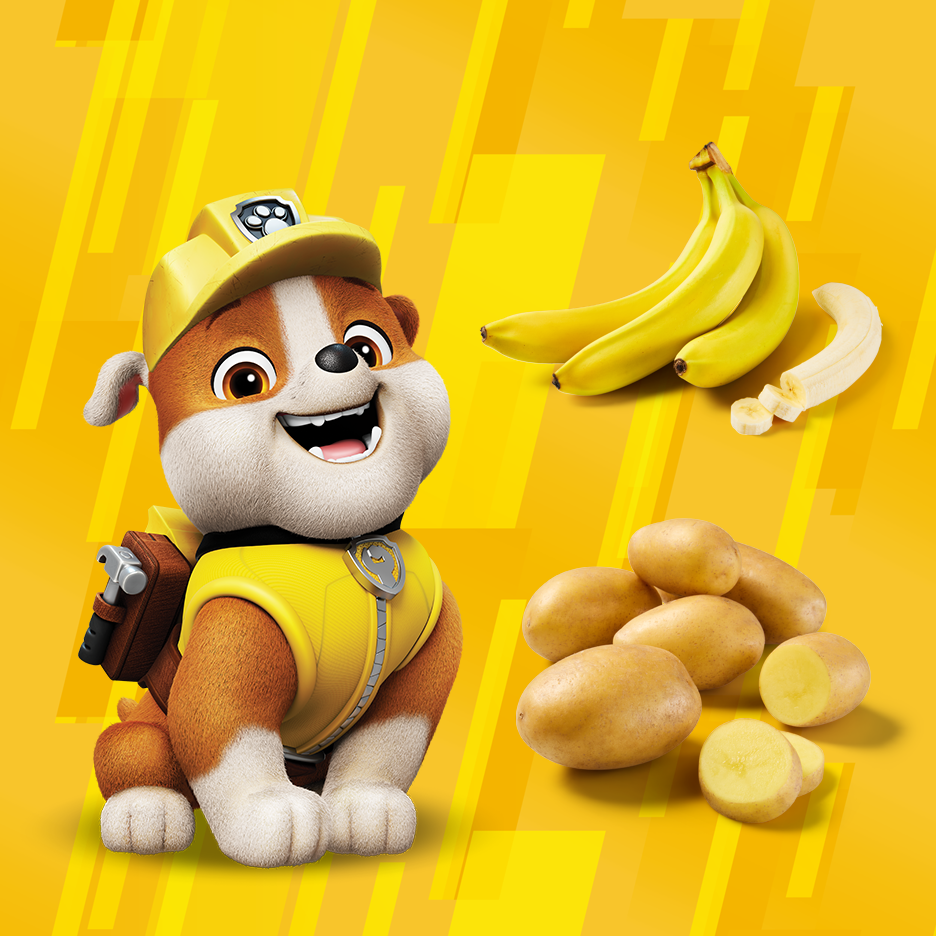 Crtani psić s bananama i krumpirom na žutoj pozadini.