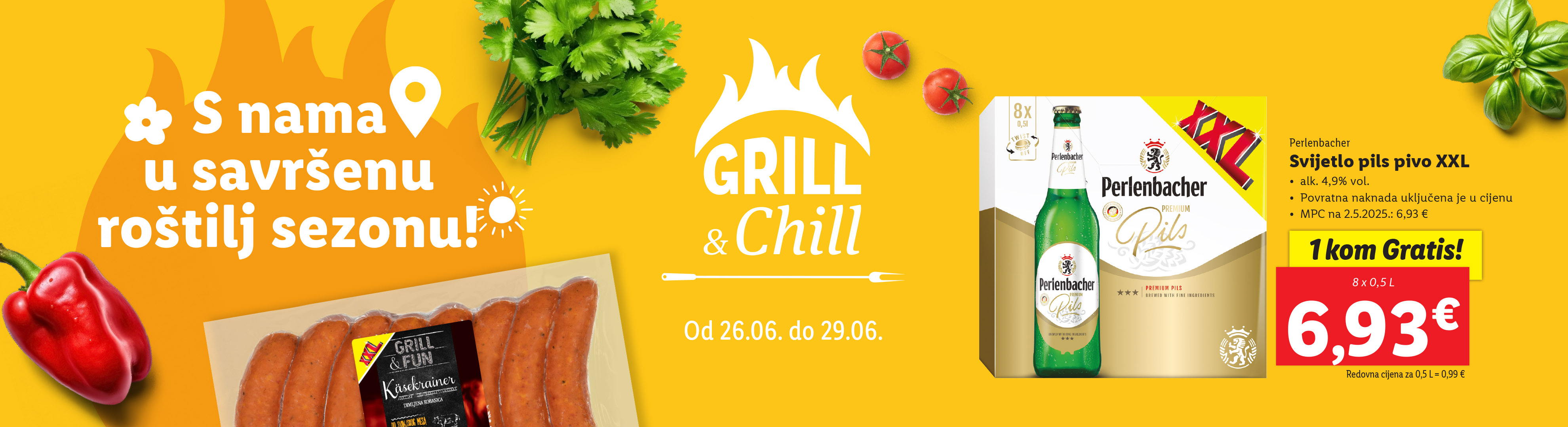 Grill & Chill promocija: kobasice Grill & Fun i Perlenbacher pivo.
