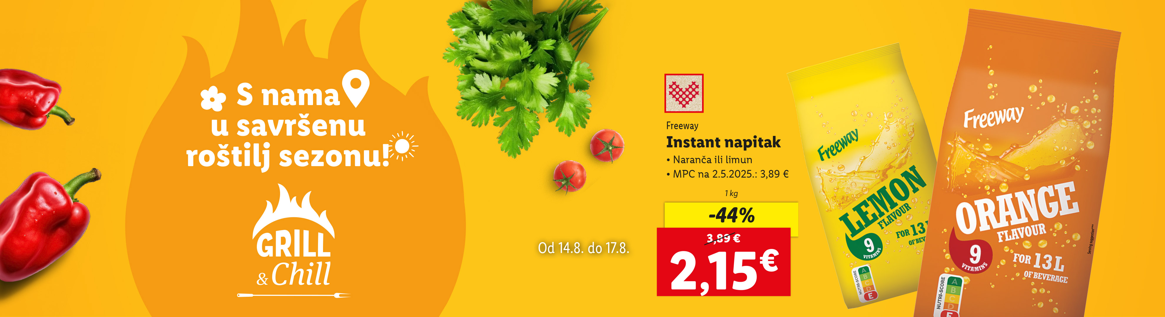 Freeway instant napitci s okusom naranče i limuna, sniženi na 2,15€, uz roštilj temu.