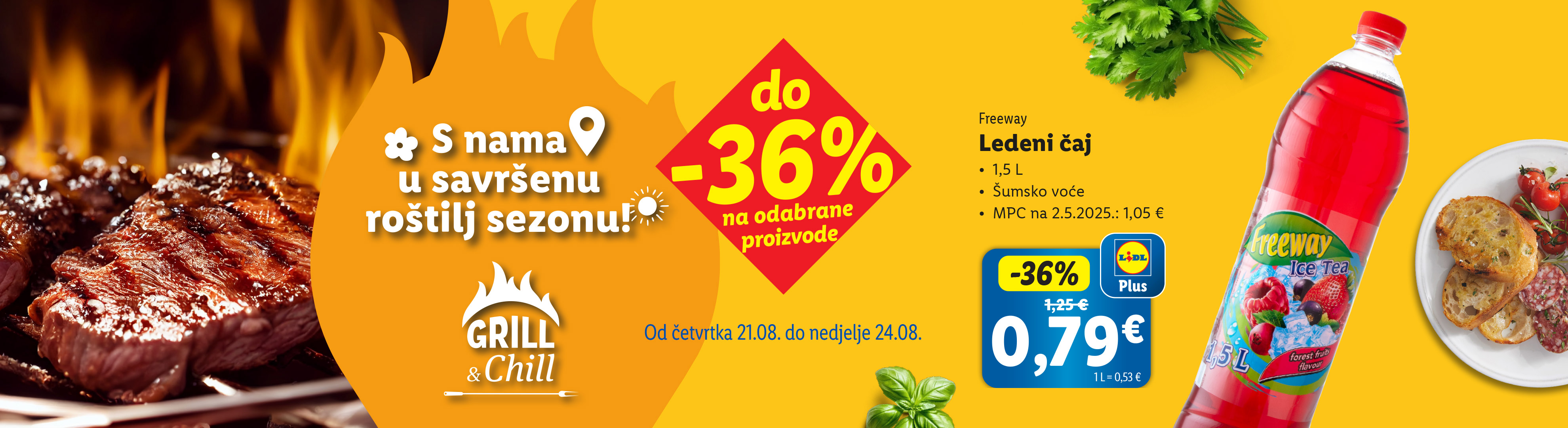 Reklama za ledeni čaj Freeway s okusom šumskog voća i ponudom za roštilj.