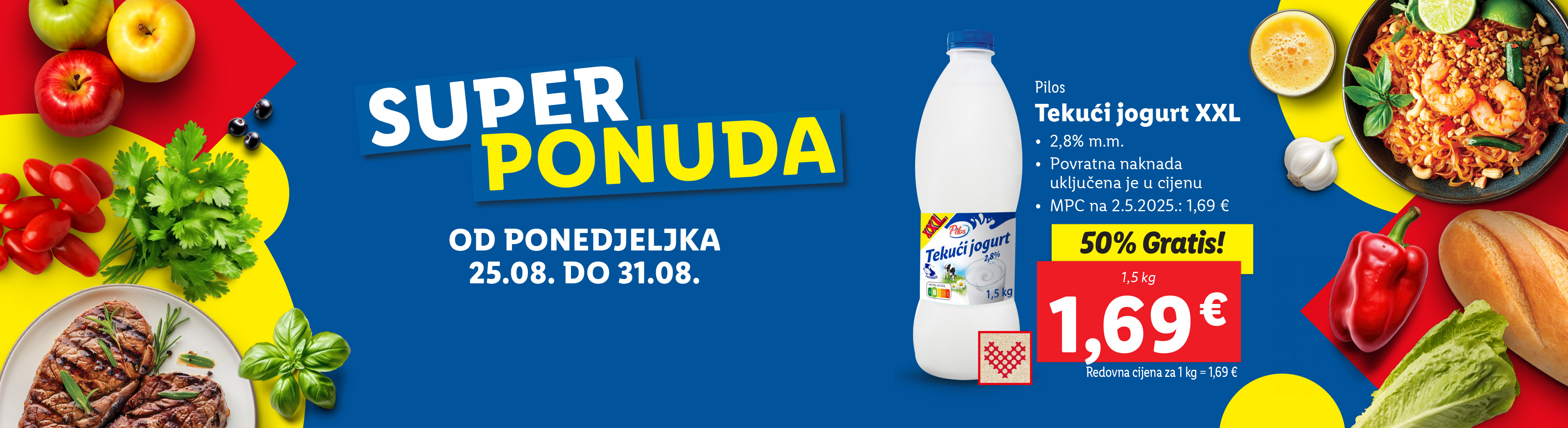 Promotivna ponuda s tekućim jogurtom, mesom, voćem i povrćem.