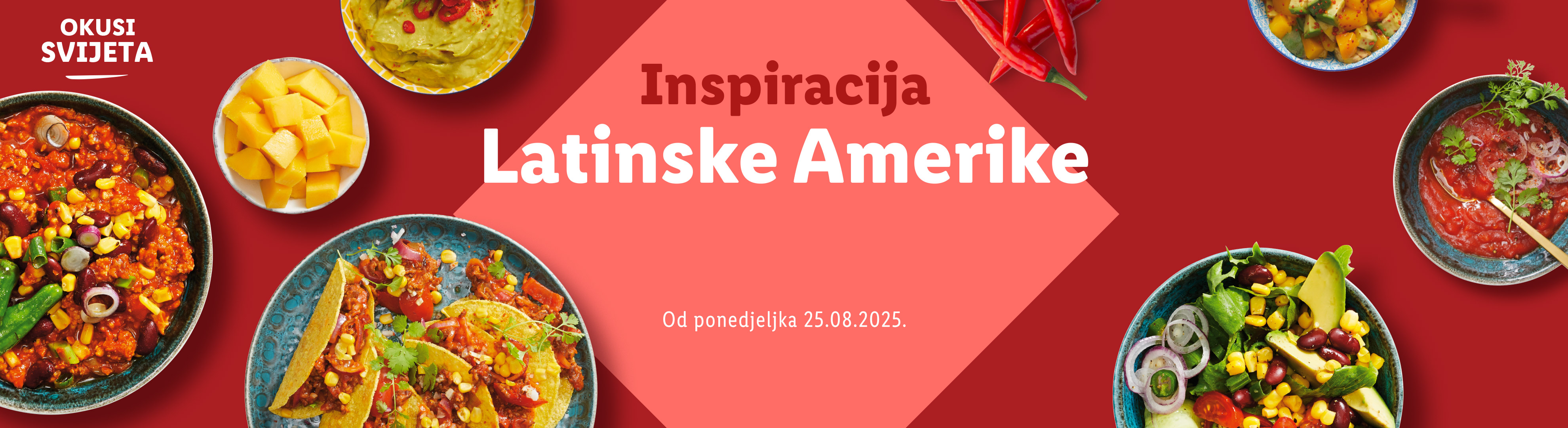 Različita jela inspirirana Latinskom Amerikom, uključujući čili, takose i salate.
