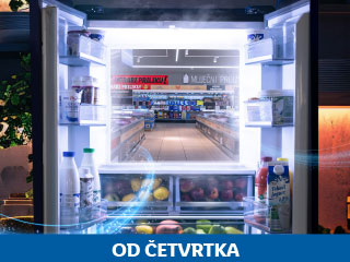 Otvoren hladnjak s namirnicama i pogledom na unutrašnjost supermarketa.