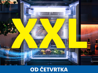 Otvoreni hladnjak s natpisom 'XXL' i tekstom 'OD ČETVRTKA' na dnu.